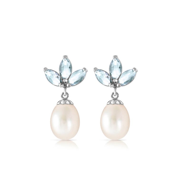 Boucles d'oreilles chandelier pétale or blanc 375 aigue-marine et perle d'eau douce QPJ - 2742W